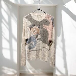 Fit knit Vintage cream floral embroidered patchwork sweater cottagecore size M